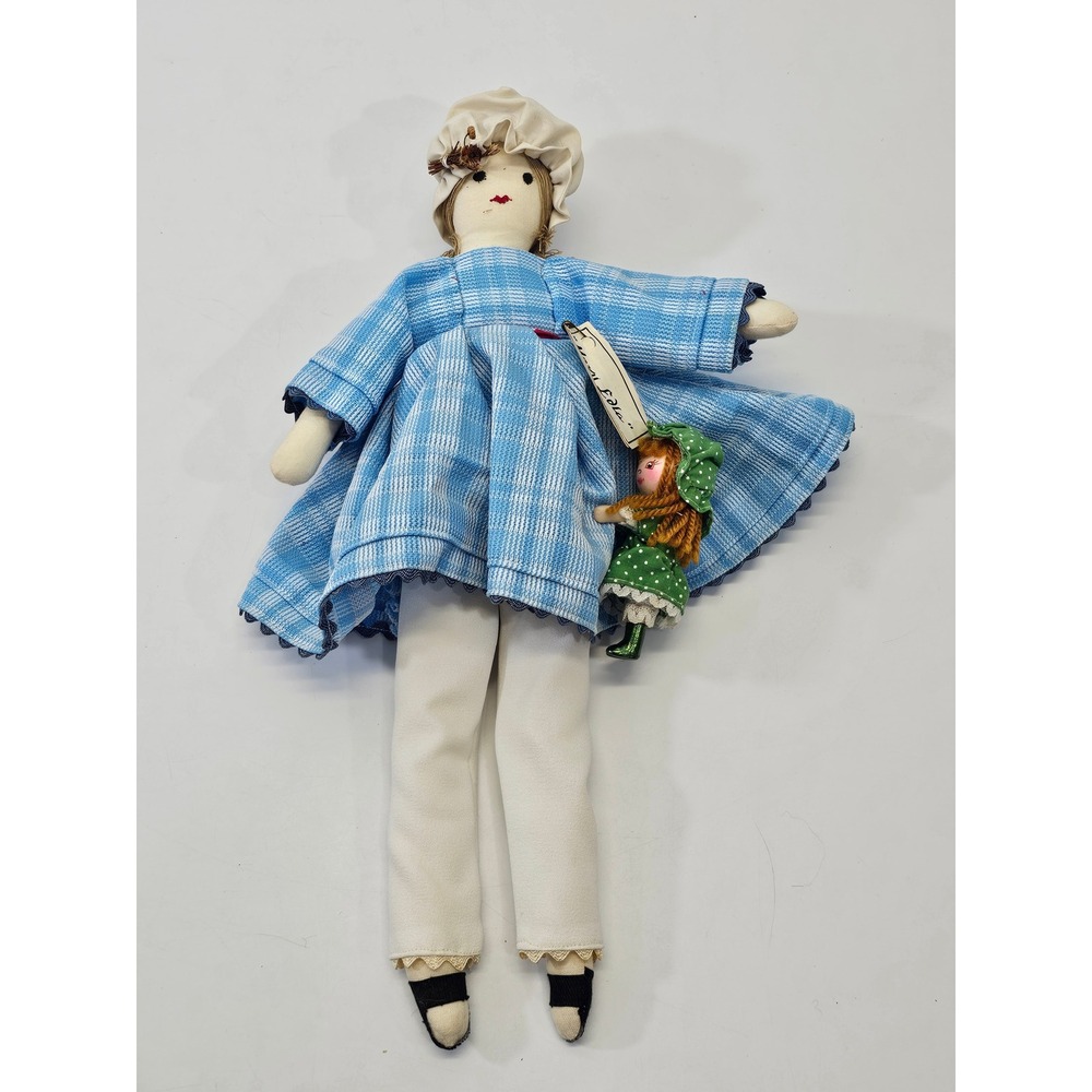VINTAGE Handmade "Mary Edla" Folk Art Doll Blue Plaid Dress White Trousers 15.5"